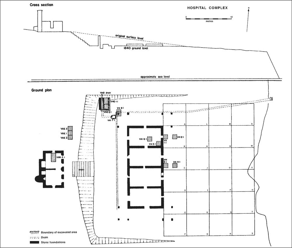 A ground plan showing the cross section of the hospital and an aerial view of it.