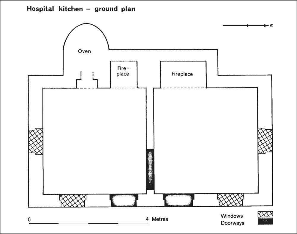 A ground plan of the kitchen, showing an oven and two fireplaces along the west wall. On the north and south wall is one window and along the east wall are two windows and two doorways.