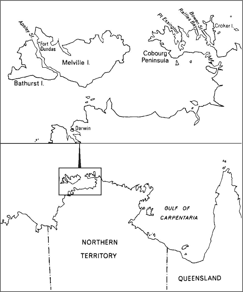 A map of the coast of the Northern Territory and Queensland. Above this map is another map showing the details of the island off the coast of NT. The islands include Melville Island and Bathurst Island. 
