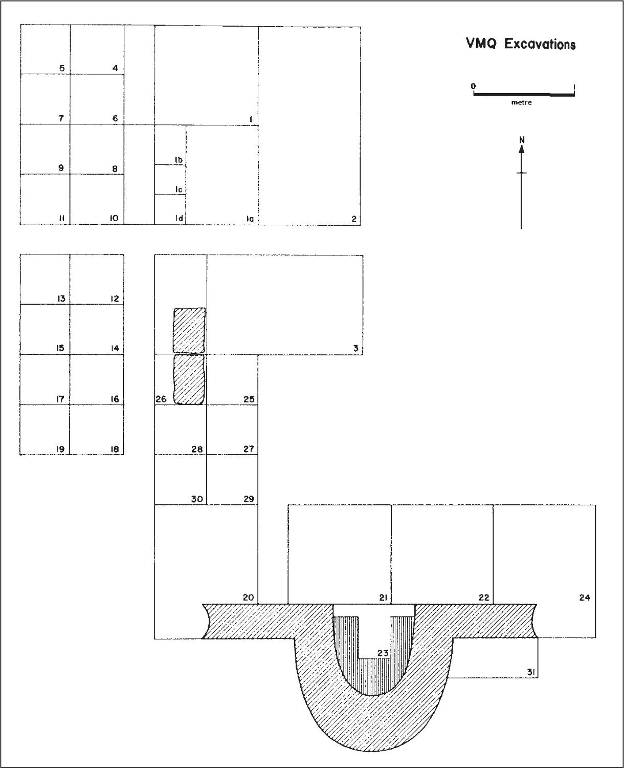 An aerial map with the round chimney at the south end of the map. The excavation units make up four rows along the west and one row along the chimney.