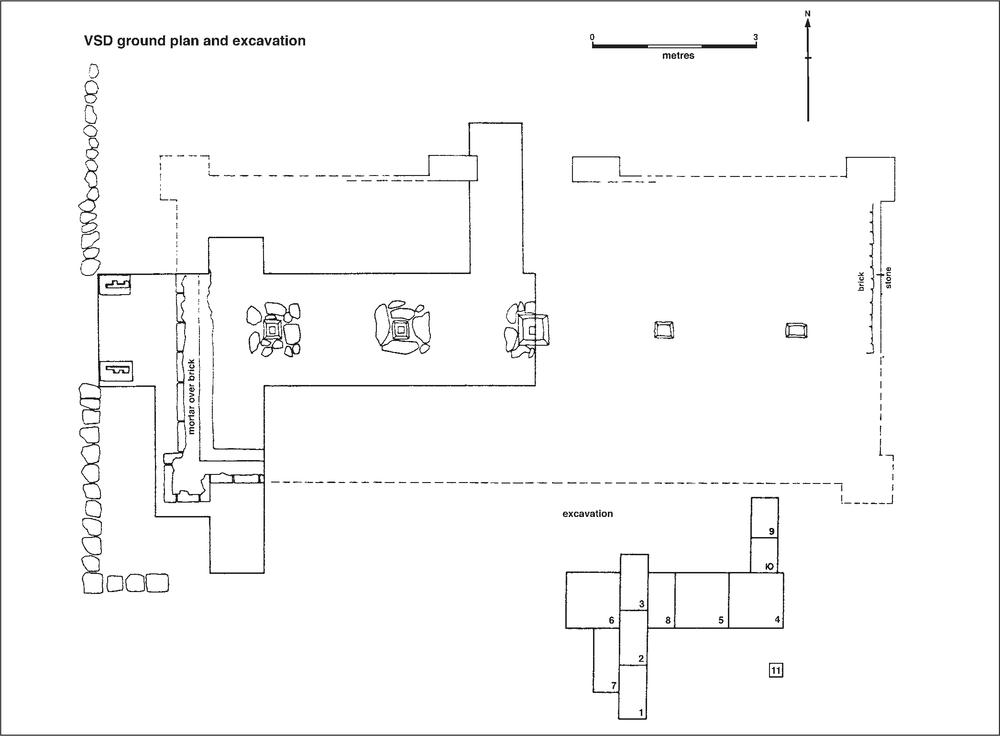 A ground plan showing five excavation squares spaced out across the plan. 