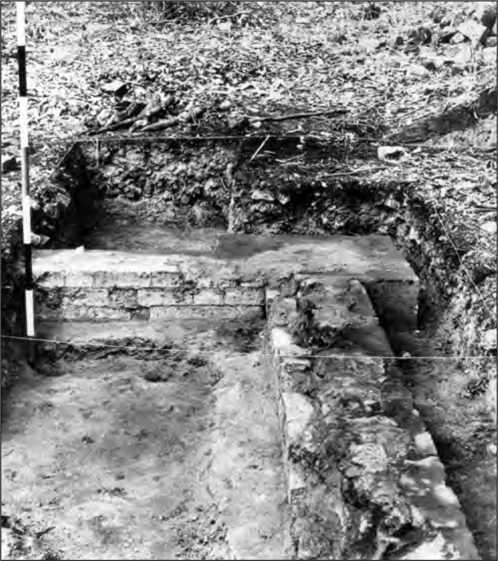 A black and white photograph of an excavated square showing the retaining wall is on the extreme left and one of the internal post supports is visible.