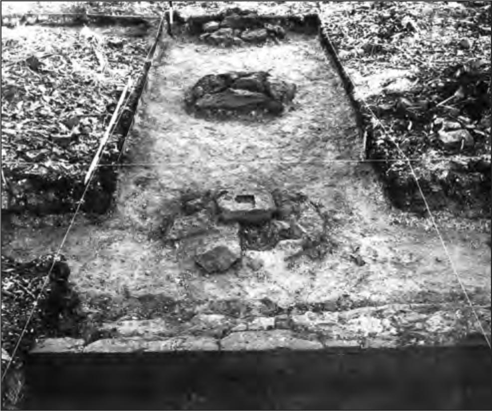 A black and white photograph showing three post supports.