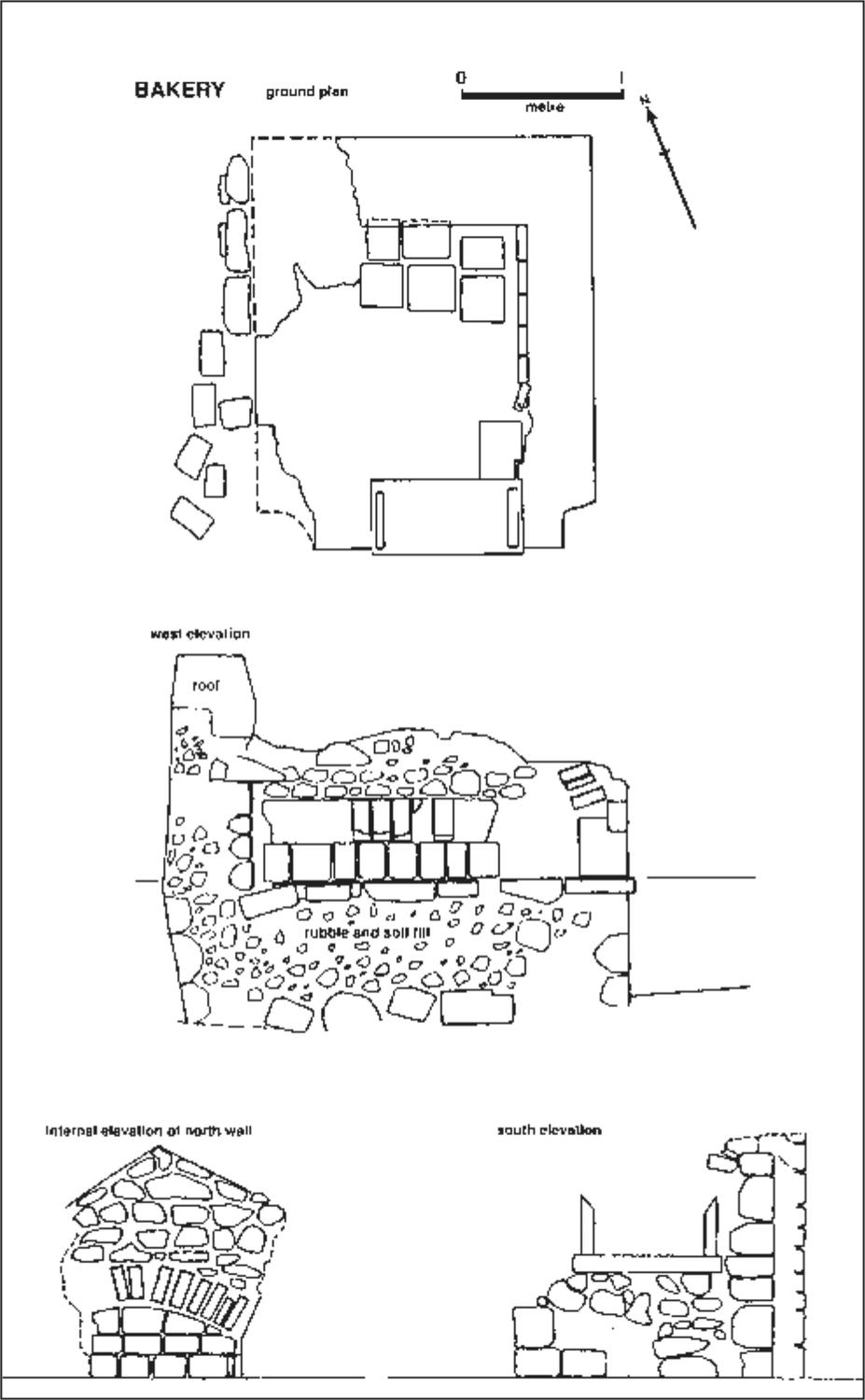 A ground plan of the bakery with the west, north and south wall elevation.
