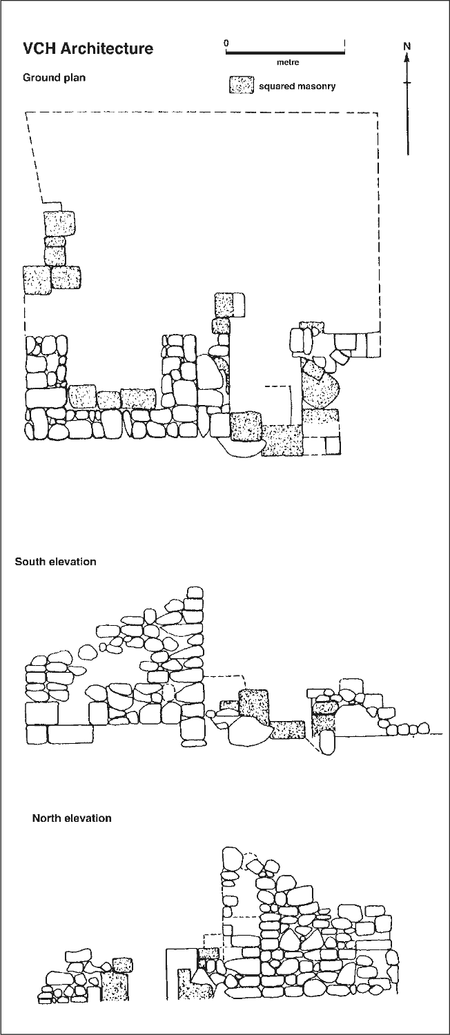A series of maps showing a simplified ground plan, the south and north elevations.