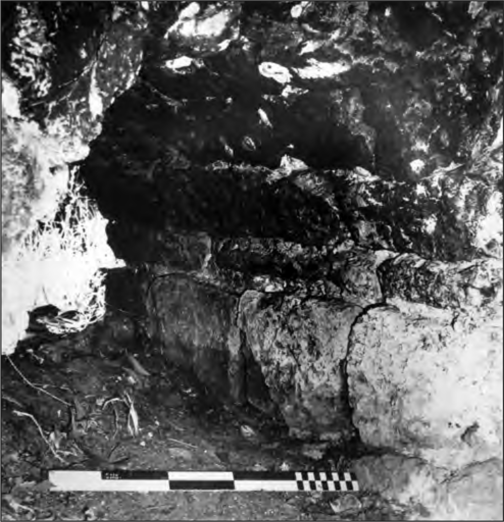A black and white photograph of the entrance to the kiln. It has thick brick walls that curve to meet each other at the ceiling.