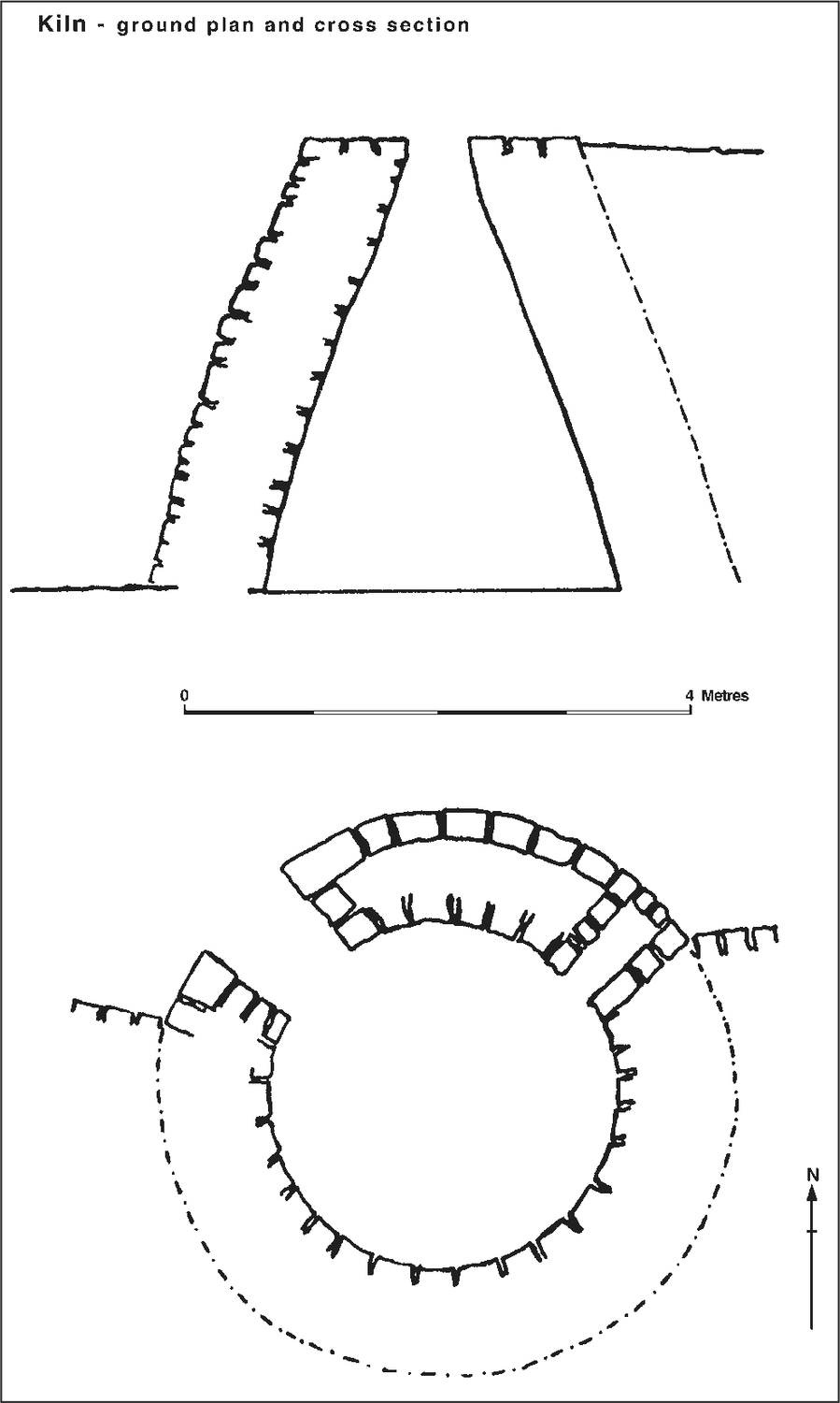 A ground plan of the kiln, which looks like a triangle with thick sides. Beneath that is a cross section of the kiln, which is circular with a small gap.
