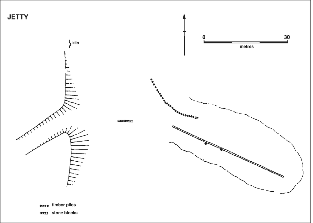 A plan of the jetty showing a long line of stone blocks and a curved line of timber piles.