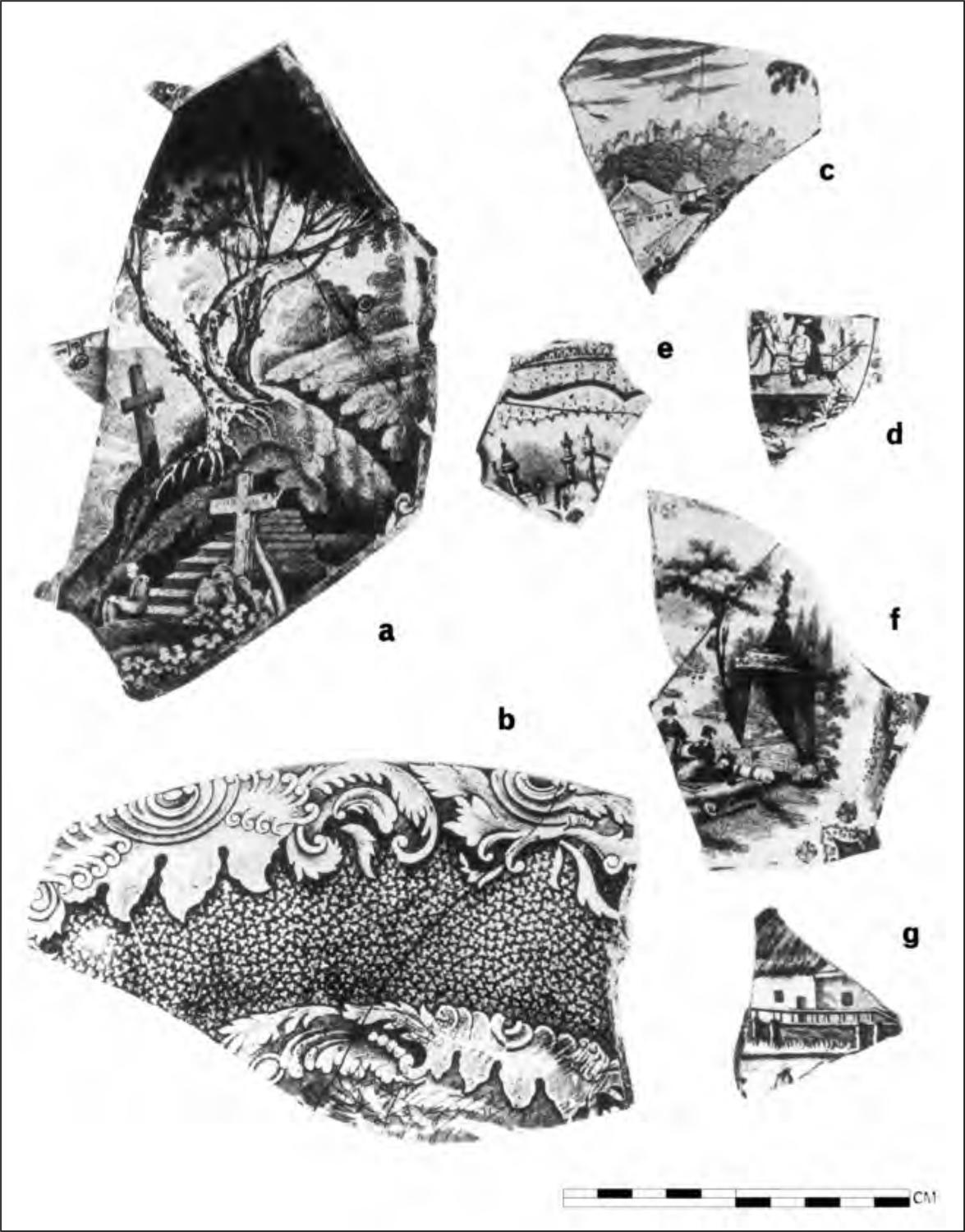 A black and white photograph of seven shards of pottery with unique prints of buildings and landscapes. One shard has a staircase with two crosses planted in the ground.