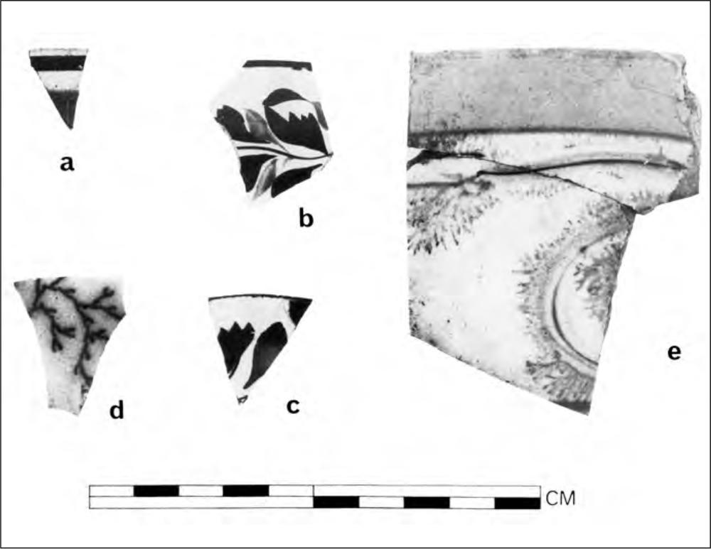A black and white photograph of five pieces of pottery. The first (a) has a line running along the rim, (b) and (c) have a floral leaf pattern, (d) has a branch pattern and (d) has a faint pattern that resembles running ink.