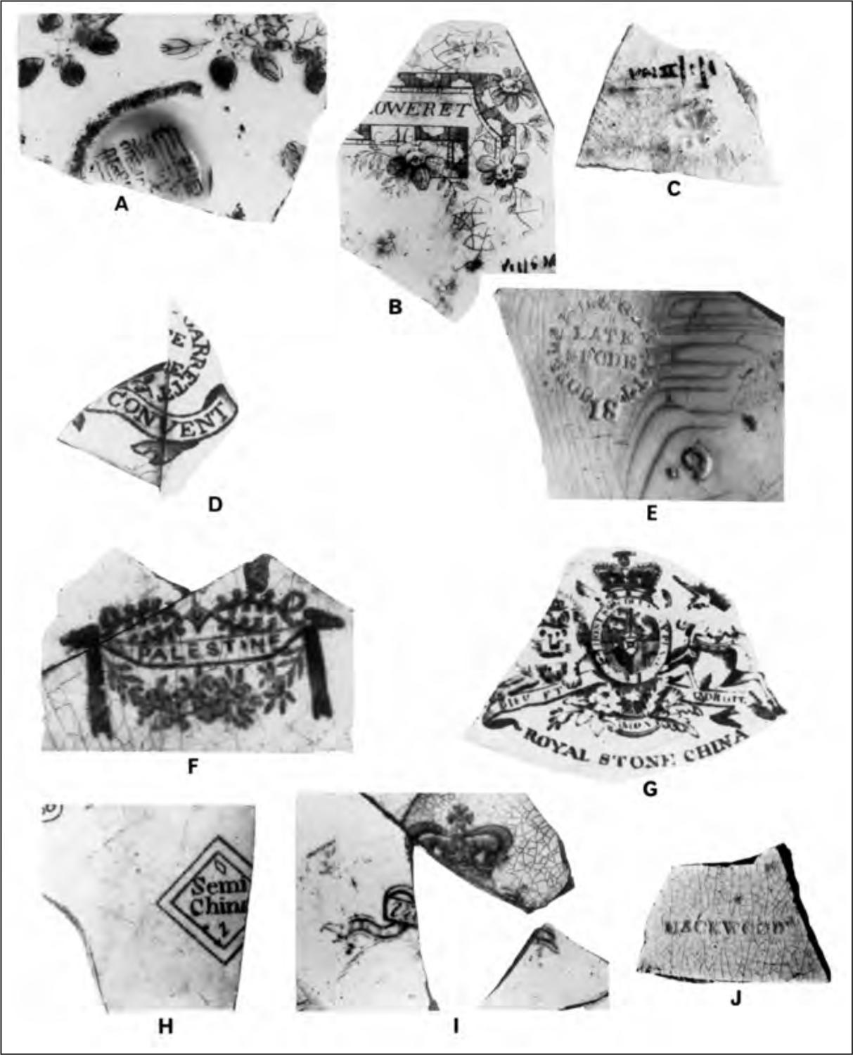 A black and white photograph of ten pottery shards with emblems and marks. One has Chinese script, another states 'Palestine', whilst another has 'Royal Stone China'.