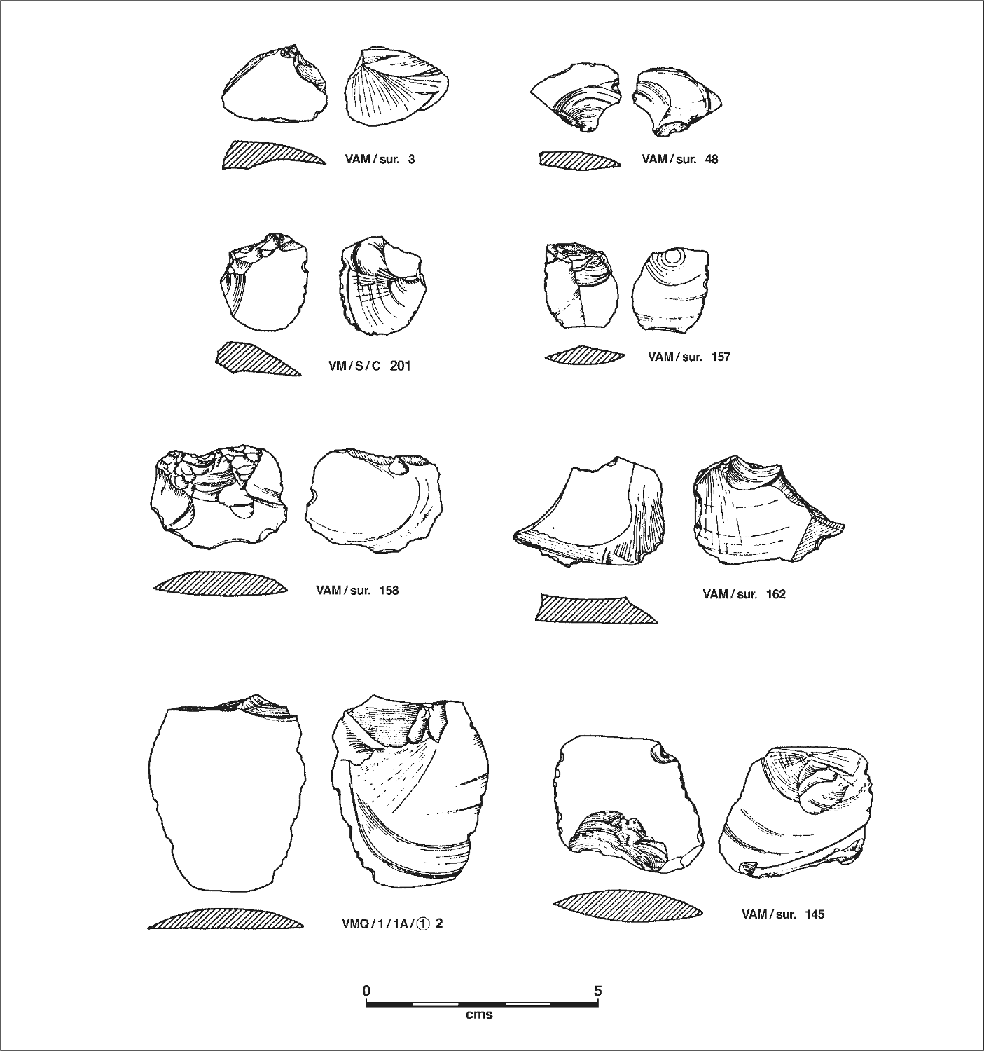 A series of illustrations of cutting flakes. The flaks vary in size but have jagged edges and a round shape.