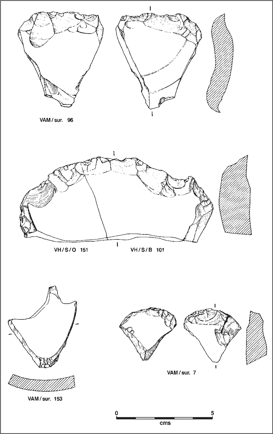 A series of illustrations showing scrapers which have sharp edges and resemble a deformed triangle.