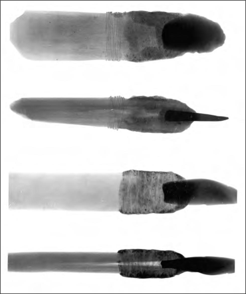 A black and white photograph of two hafted glass cutting flakes. They have a rectangular head with a round or square base.