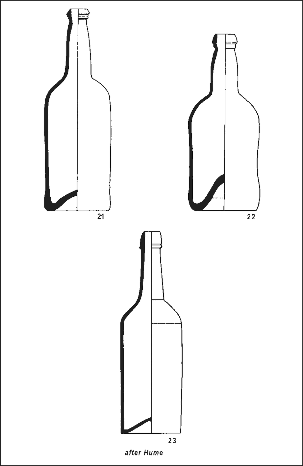 An illustration of three bottles. Number 21 is a free-blown evolved cylindrical form with tall body and short neck, with a thickened mouth tooled downwards over the string-rim. Number 22 is a free-blown squat cylindrical form with short convex neck. Number 23 is a machine-made bottle.