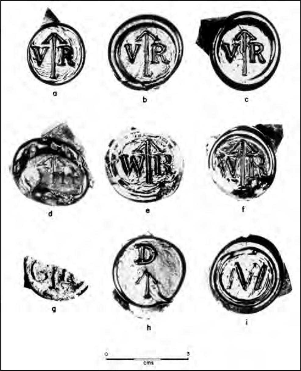 A black and white photograph of nine English and Dutch bottle seals. Three of the brand V with an upwards arrow and an R, whilst another has the same but with WR. Another has a D with an upwards arrow beneath the letter.