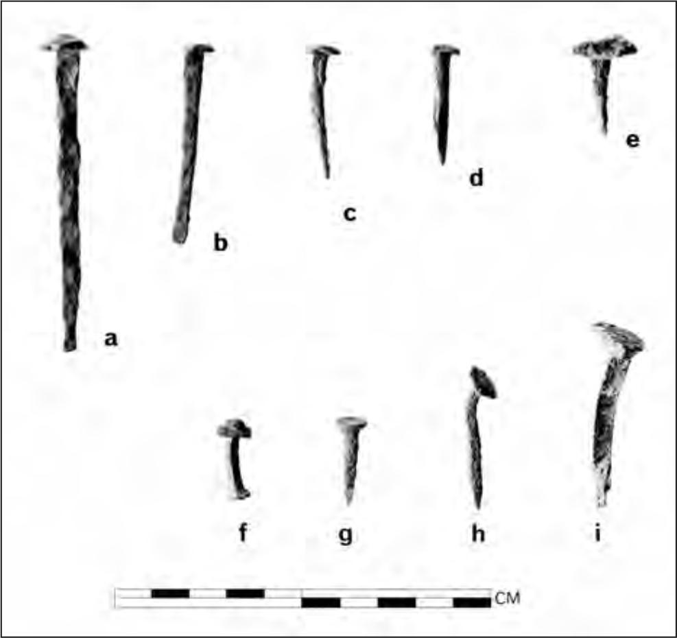 A black and white photograph of nine nails, most of which are slightly bent.