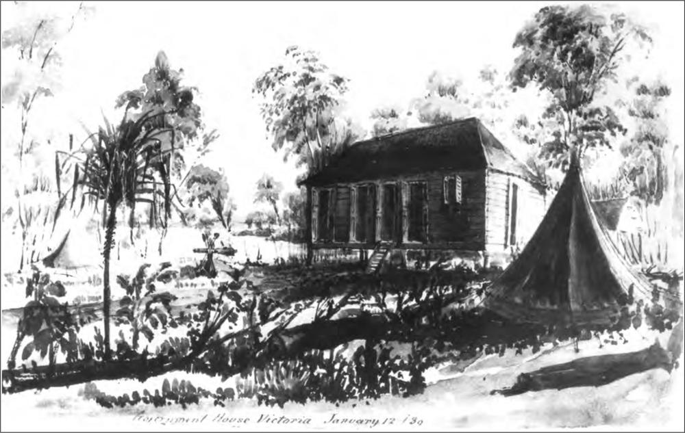 A black and white watercolour painting of a one-storey house with a triangular roof facing a landscape filled with trees.