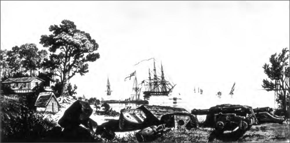 A black and white painting of two ships anchored near the shore. Along the land is a house and hut as well as several overturned boats and objects.