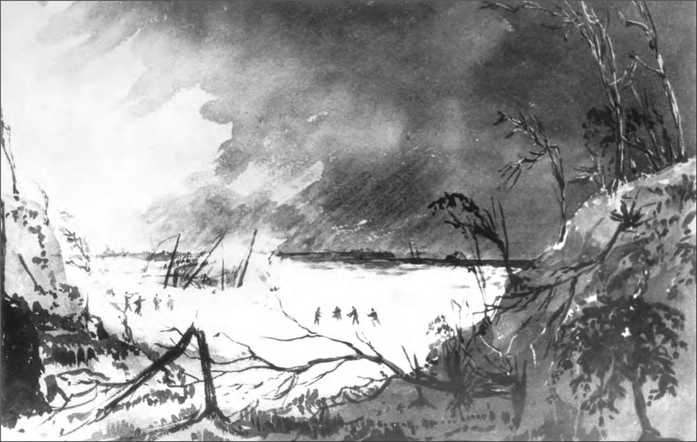 A black and white watercolour of small figures standing on the beach as the masts of a ship can be seen sinking into the ocean. In the foreground, scraggly trees are bending towards the shoreline.