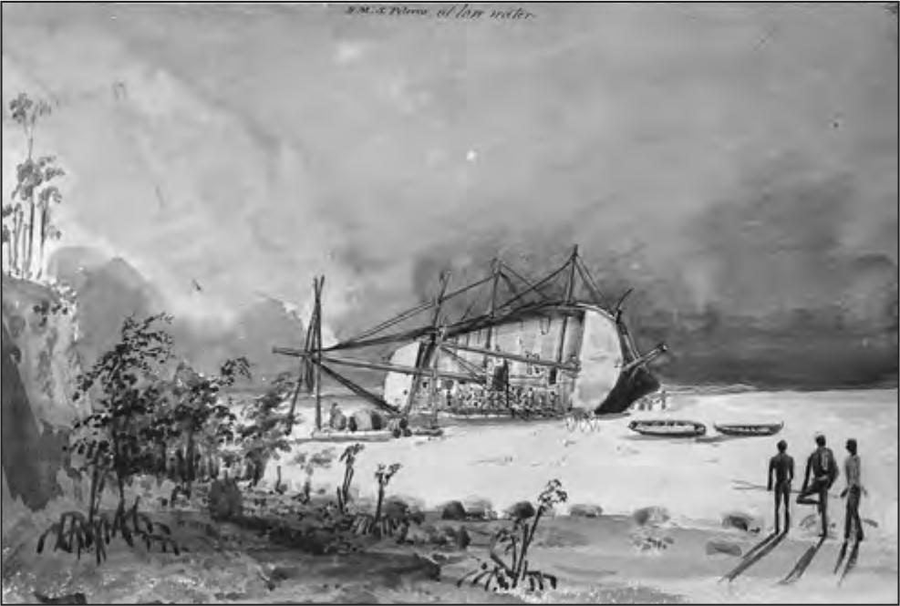 A black and white watercolour of a ship laying on its side along the shore. Three figures are walking towards it.