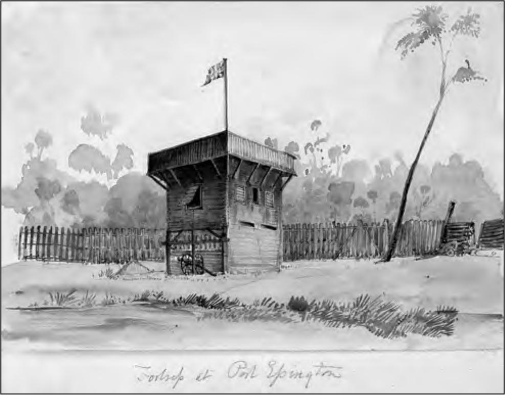 A black and white watercolour of a blockhouse which is square with three windows on one side and one window on another. The English flag is posted above it. Behind it is a wooden fence where a dense forest can be seen.
