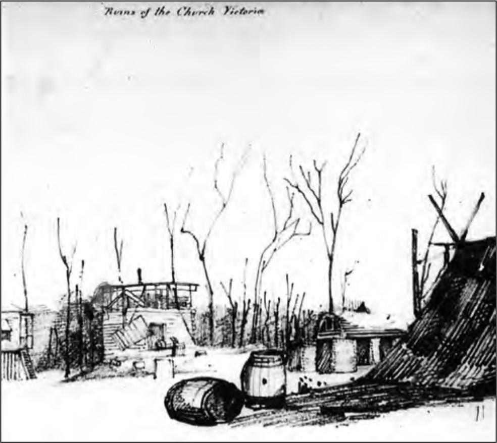 A black and white watercolour of a church's remains. Skeletal trees surrounded the area where only two barrels and a few foundations are left.