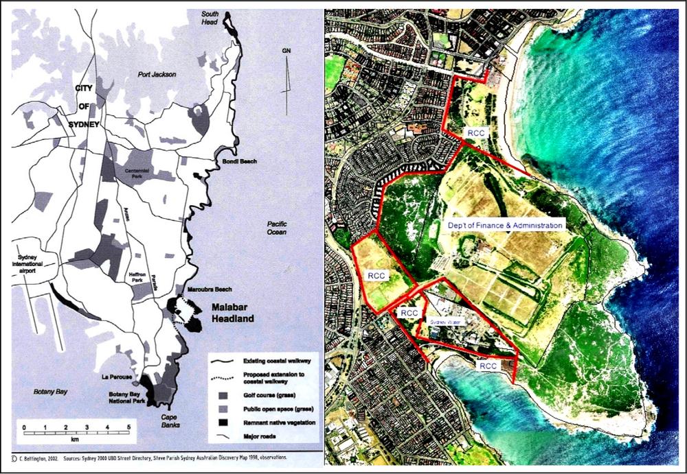 To the left is an image of a map of Malabar Headland in eastern Sydney. To the right is an overhead coloured map of the same area.