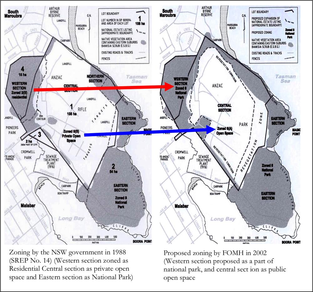 Two maps of the changes to zoning in 1988 and 2002.