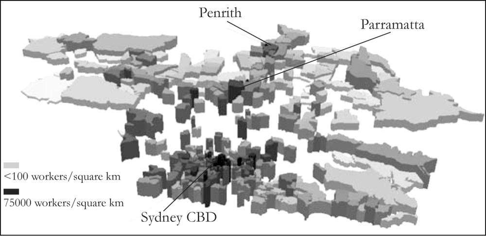A map of employment density changes in Penrith, Parramatta and Sydney CBD.