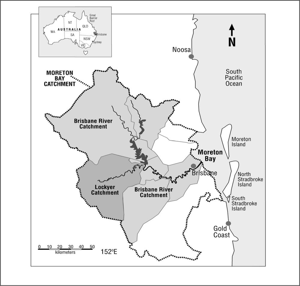A map of Lockyer, Brisbane RIver and Moreton Bay catchments.