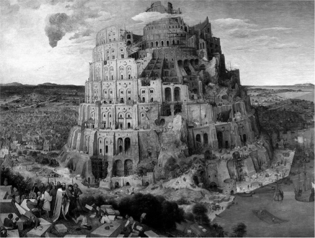 Black and white image of the tower of Babel.