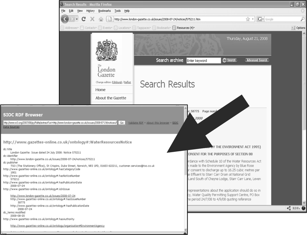 Screenshot of webpages from the London Gazette.