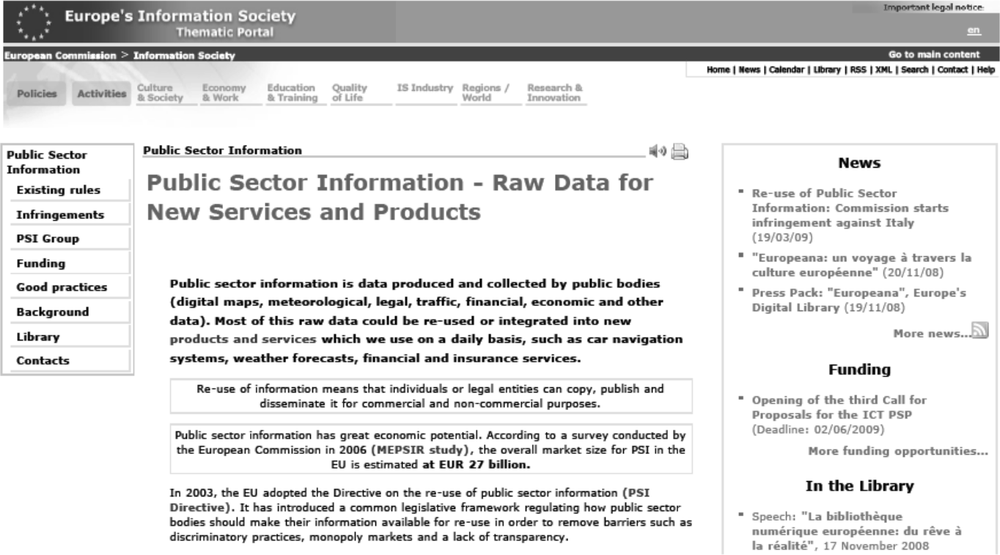 Screenshot of a webpage from Europes Information Society.