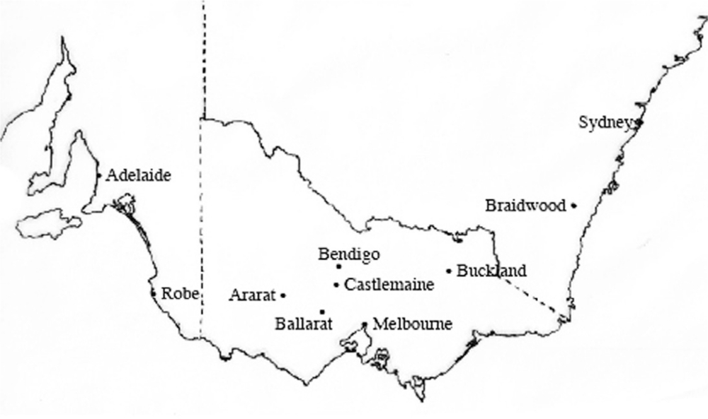 A map of south east Australia. Goldmining sites are marke with dots and the place name.