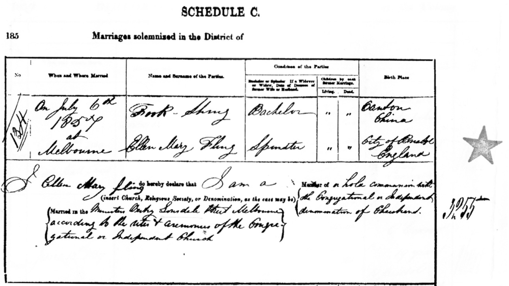 A marriage certificate with the details of the wedding of Fook Shing and Ellen Fling.