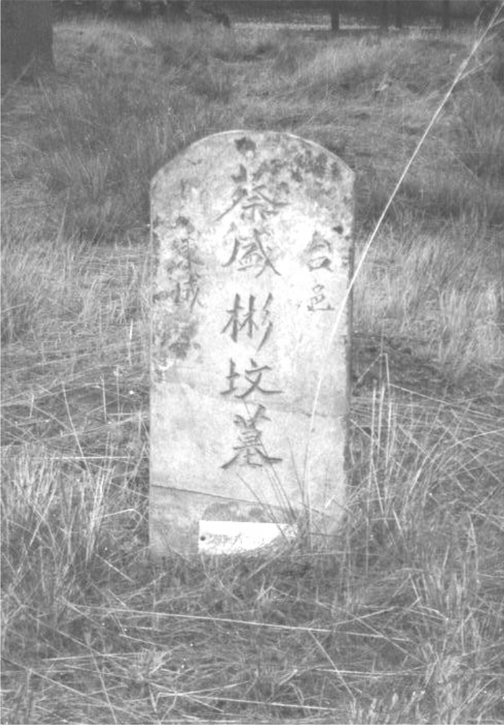 A black and white image of a headstone in the grass. There are chinese characters on the headstone and the top is very worn.