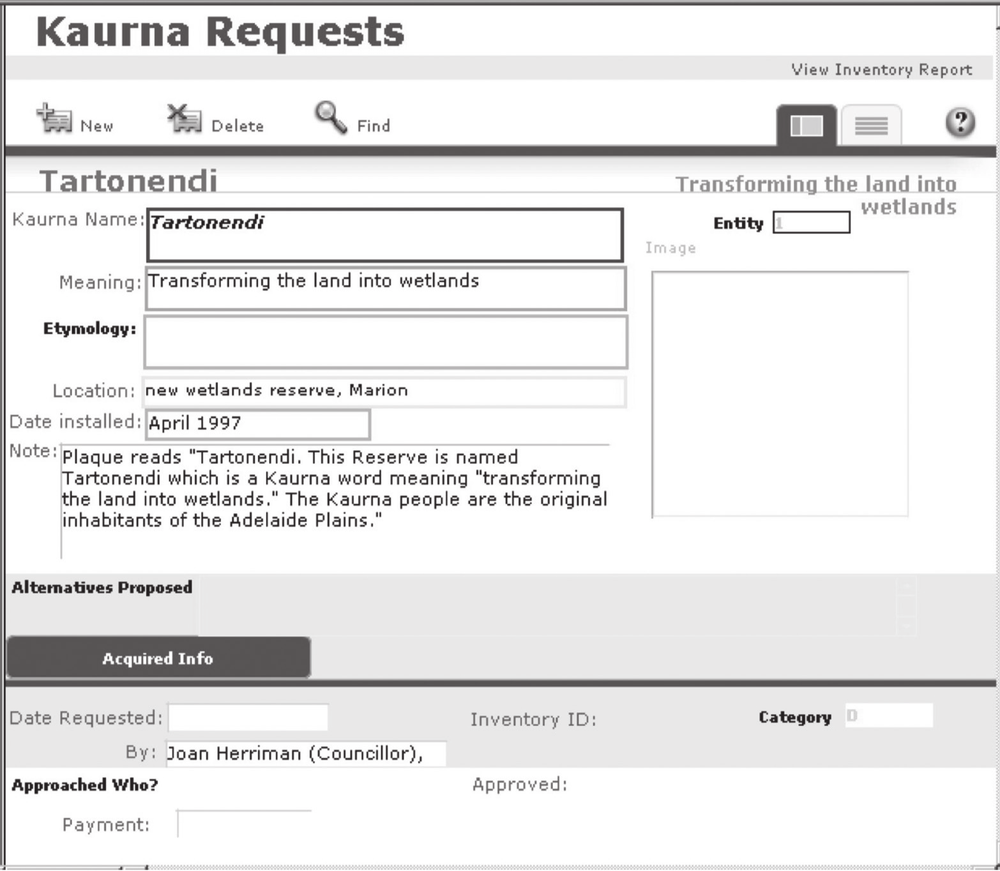 A black and white screenshot of a several data fields. The data fields are about 'Toartonendi' and the entries are: Kaurna Name (Tartonendi), Meaning (Transforming the land into wetlands), Etymology, Location (new wetlands reserve, Marion), Date installed (April 1997), Note (Plaque reads: "Tartonendi. This Reserve is named Tartonendi which is a Kaurna word meaning "transforming the land into wetlands." The Kaurna people are the original inhabitants of the Adelaide Plains."