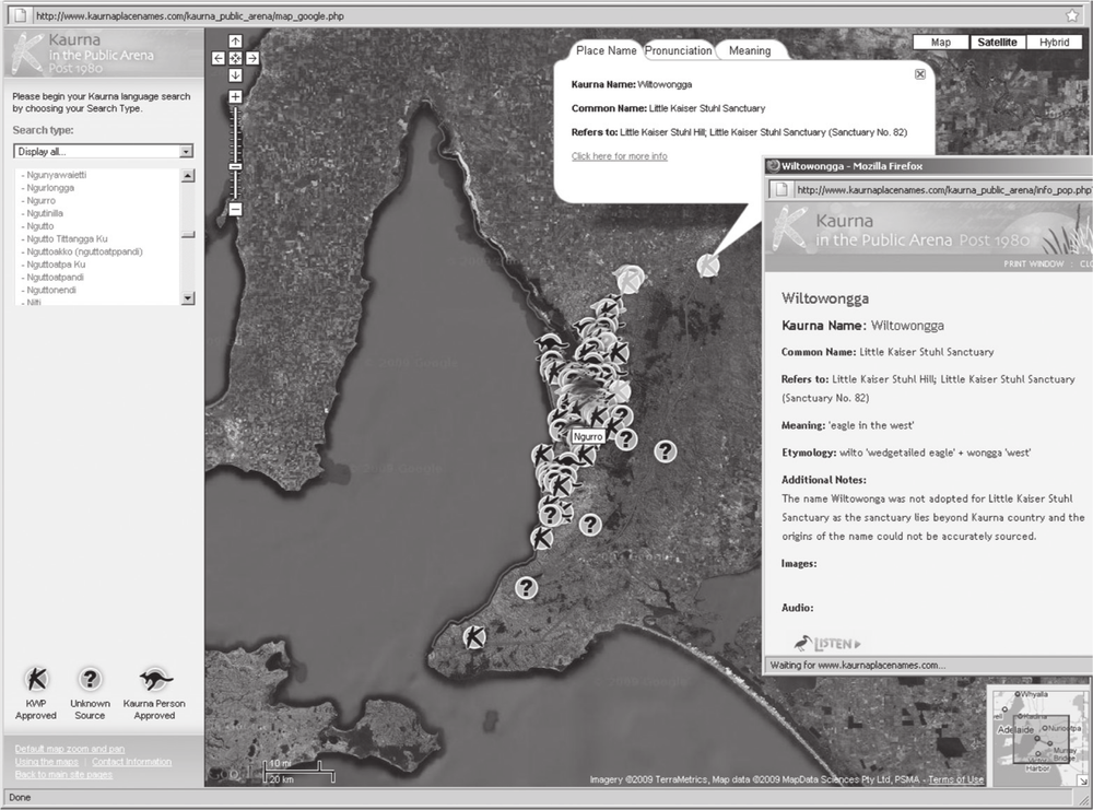 A black and white satellite image of Kaurna entries displayed on satellite view, with pop-up boxes showing for Wiltowonga.