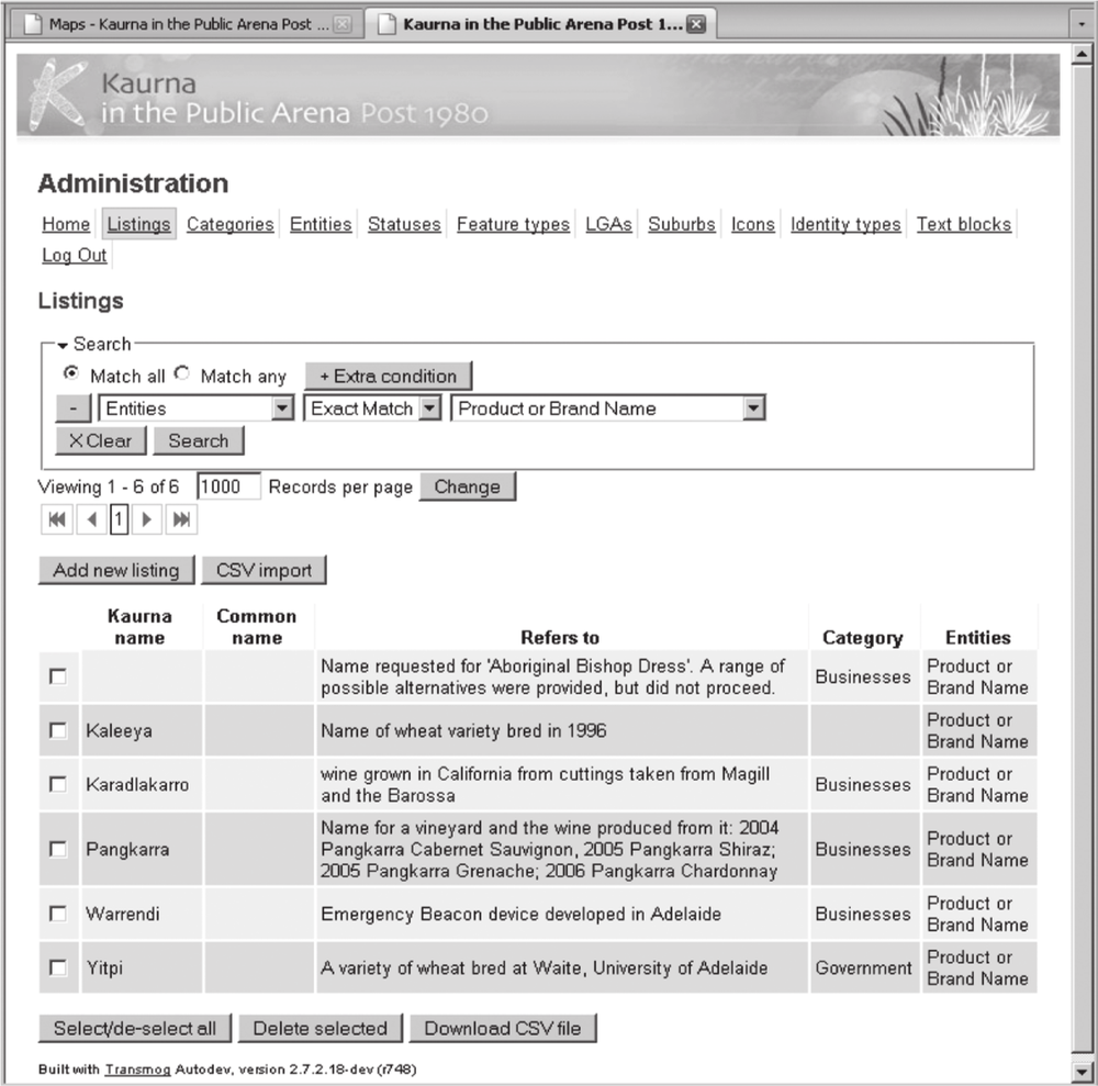 A black and white screenshot from a database showing a list of product or brand names selected from the database underpinning the maps. There are five entries: Kaleeya, Karadlakarro, Pangkarra, Warrendi and Yitpi.