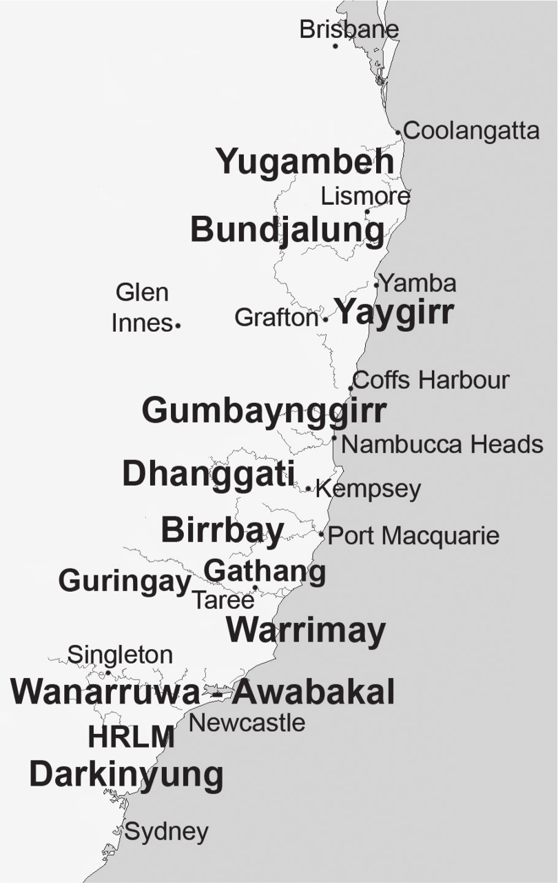 A black and white coastal map of New South Wales to Queensland. The following cities and towns are mentioned: Sydney, Darkinyung, Wanarruwa - Awabakal, Newcastle, Singleton, Warrimay, Taree, Guringay, Gathang, Birrbay, Dhanggati, Port Macquarie, Kempsey, Nambucca Heads, Gumbaynggirr, Coffs Harbour, Glen Innes, Grafton, Yaygirr, Yamba, Bundjalung, Lismore, Yugambeh, Collangatta and Brisbane.