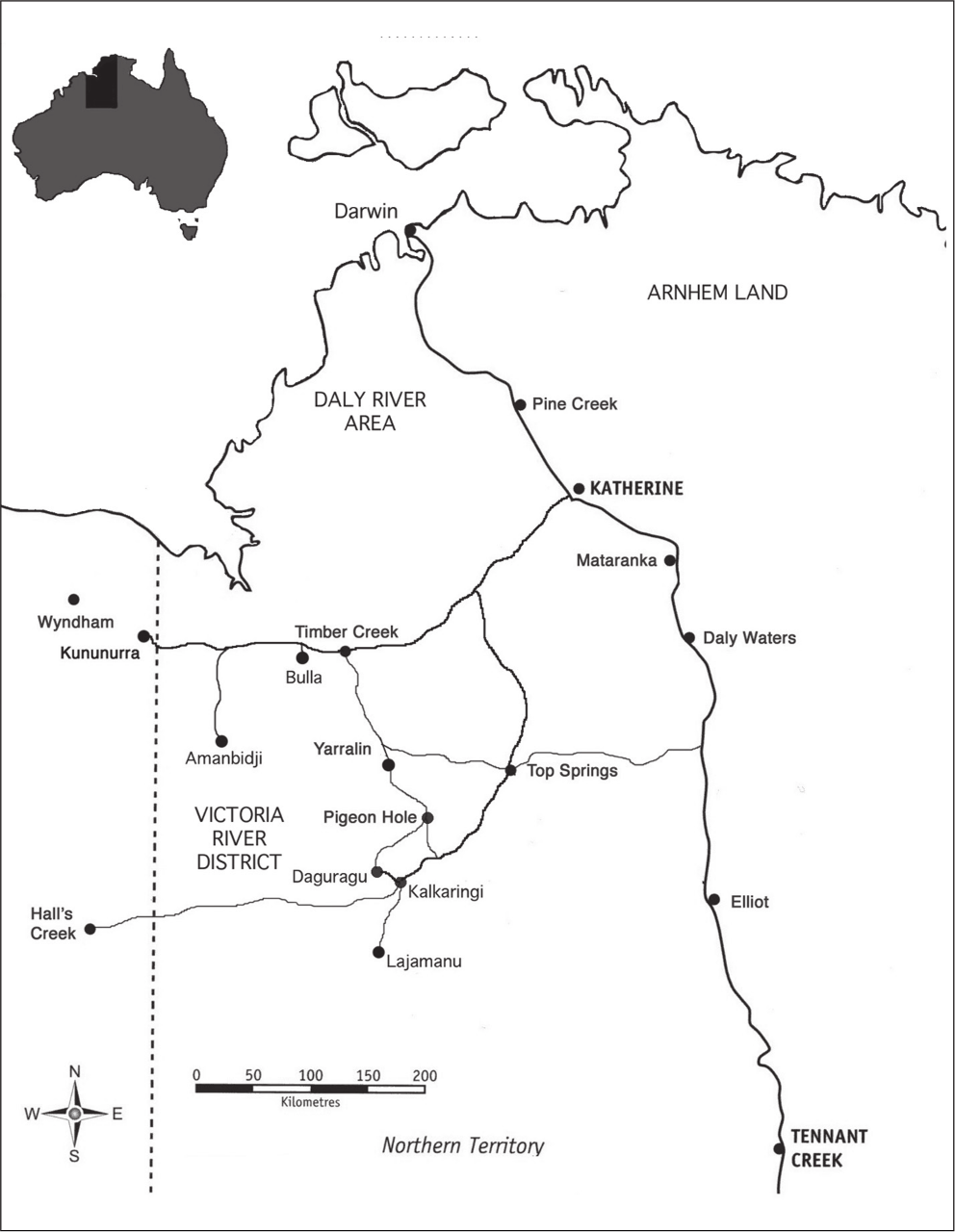 A map of the Victoria River District, highlighting the towns and creeks: Wyndham, Kununurra, Amanbidji, Daguragu, Lajamanu, Laklaringi, Pigeon Hole, Yarralin, Top Springs, Bulla, Timber Creek, Pine Creek, Katherine, Darwin, Mataranka, Daly Waters, Elliot and Tennant Creek. Arnhem Land is a large expanse of land to the right of Tennant Creek.