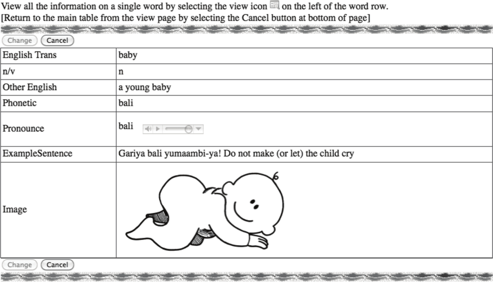 A black and white screenshot of a web page that features a data form. There are two columns with the left featuring the categories English Trans (baby), n/v (n), Other English (a young baby), Phonetic (bali), Pronounce (bali [a audio plugin is available]), Example Sentence (Gariya bali yumammbi-ya! Do not make (or let) the child cry) and Image (features an image of a baby crawling with a smiling face).