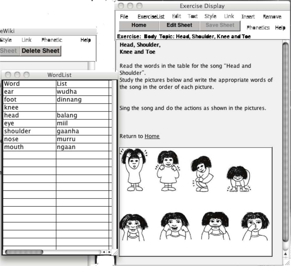 A black and white screenshot of an exercise display and word list. The exercise display is focusing on the topic of the body, specifically the words head, shoulder, knee and toe. Below is a description: Read the words in the table for the song "Head and Shoulder". Study the pictures below and write the appropriate words of the song in the order of each picture. Sing the song and do the actions as shown in the pictures. The pictures feature the same girl touching her head, touching her shoulder, touching her knees following be her toes. Another series of pictures feature the same girl touching her cheeks, ears, mouth and nose. Beside this display is another window that features a word list with the following english words and their translated counterpart:i ear (wudha), foot (dinnang), knee (blank), head (balang), eye (miil), shoulder (gaanha), nose (murru) and mouth (ngaan).