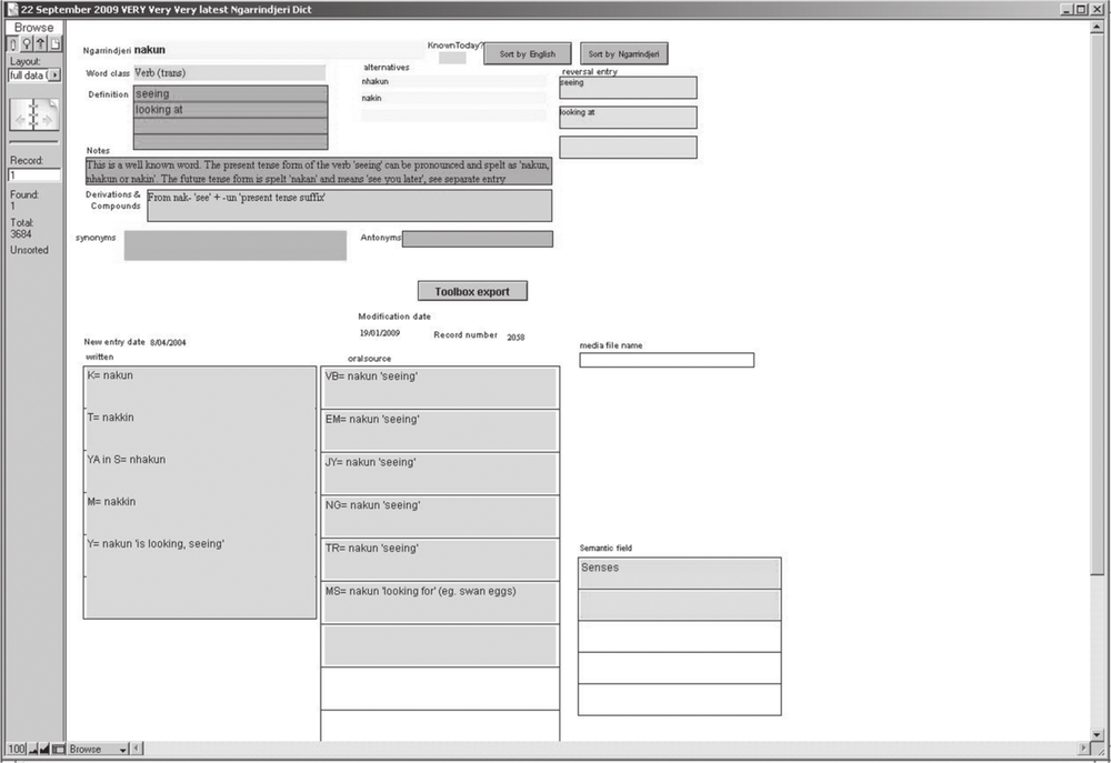 A black and white screenshot of a word and its translation. This includes its word class, definition, notes, deviations and compounds and synonyms.
