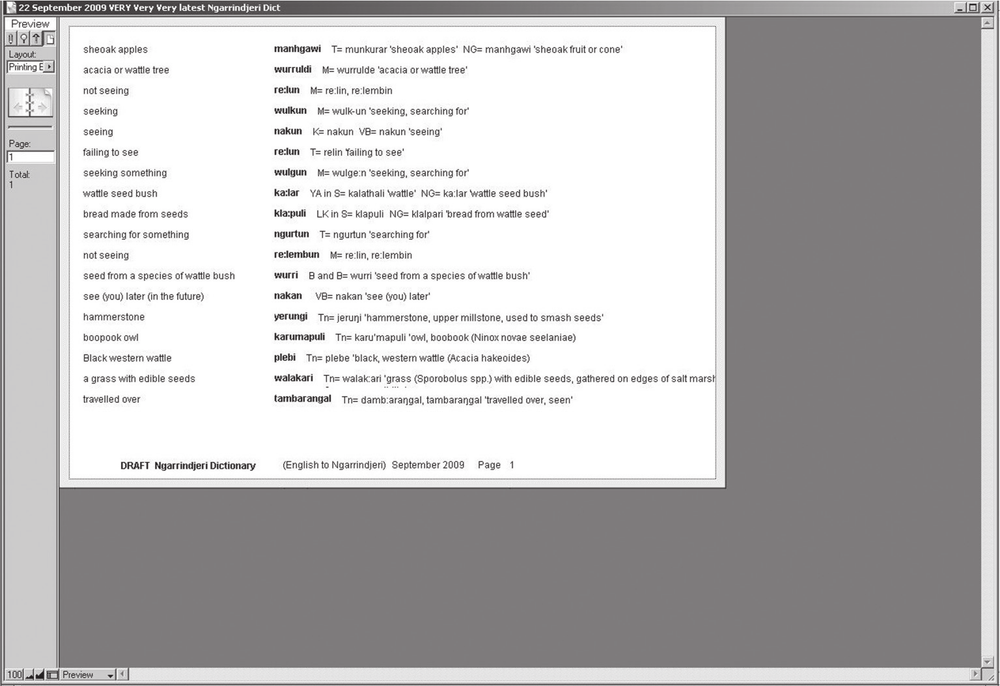 A black and white screenshot of a sample search result for 'see'. One result is sheoak apples and in another column is the word manhgawi T= munkurar 'sheok apples' NG=manhgawu 'sheoak fruit or cone'.