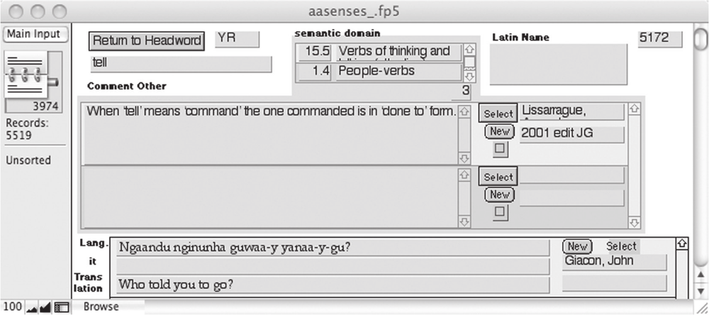 A black and white screenshot of a database page for the word tell. It has the following categories: semantic domain, Latin name, comment/other.