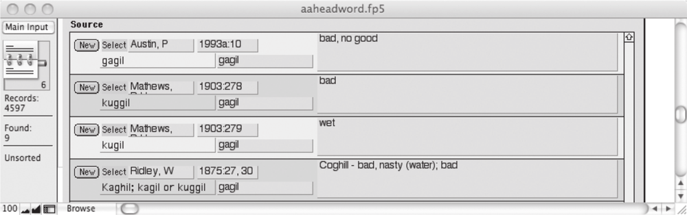A black and white screenshot a database with the entry for gagil and kugil with their translations.