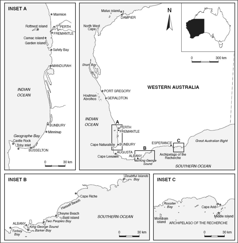 A map of shore whalers in Western Australia with three detailed insets.