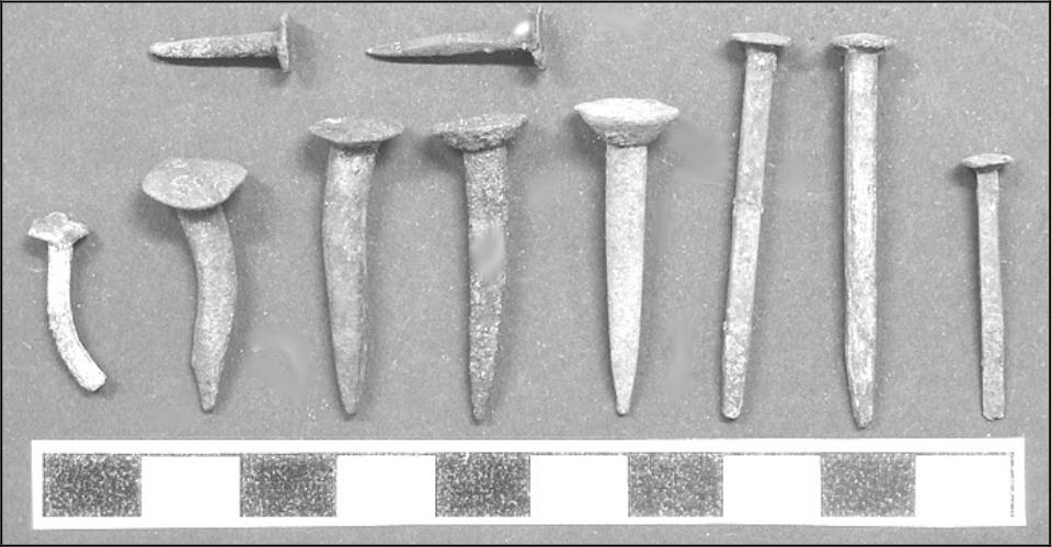 Image of numerous small copper fastenings.